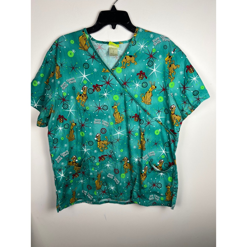 Scooby Doo Christmas Scrub Top Green V Neck‎ Short Sleeve Santa Paws Size L
